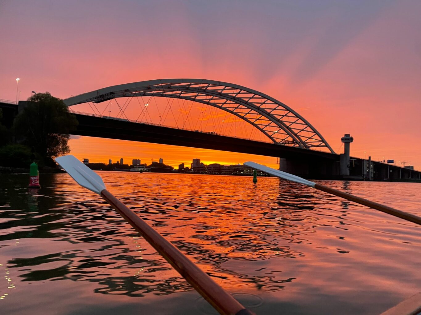 Sloeproeien op de Nieuwe Maas bij zonsondergang, met de Van Brienenoordbrug op de achtergrond
